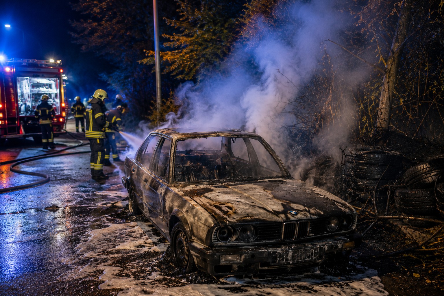 Eppelheim: BMW brennt vollständig aus – Feuer greift auf Vegetation und Reifenstapel über