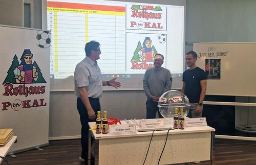 (Foto: bfv) Vize-Präsident Rüdiger Heiß, links, mit seinen beiden Losfeen Auslosung bfv Pokal